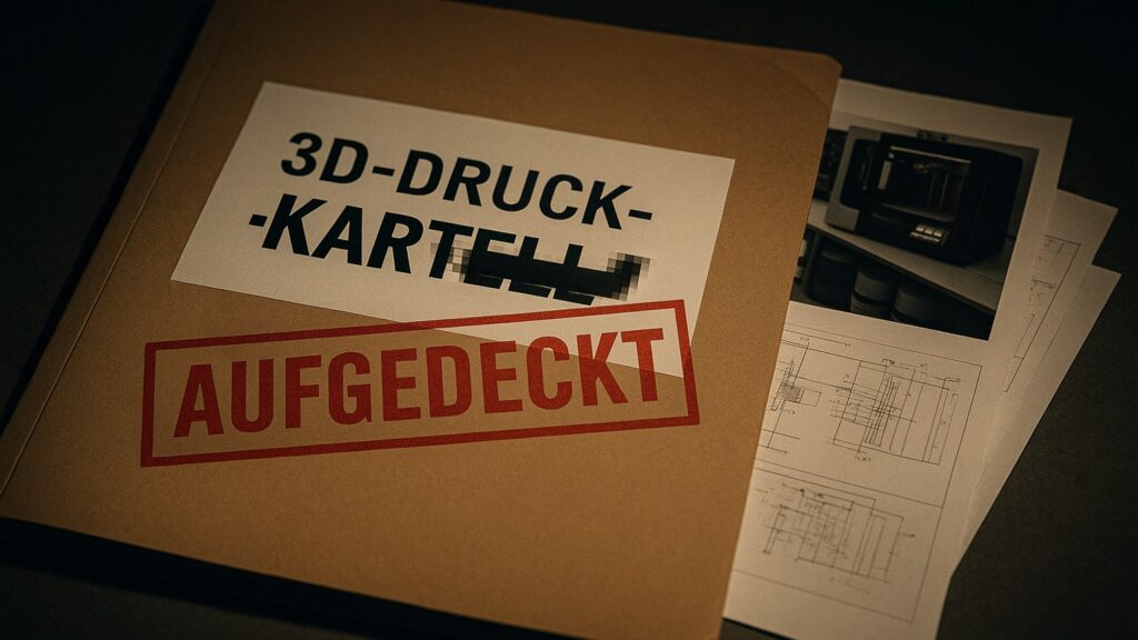 Geheimakte 3D-Druck mit teilweise zensiertem Wort Kartell und rotem Stempel Aufgedeckt, investigatives Magazin-Cover mit technischen Zeichnungen im Hintergrund.