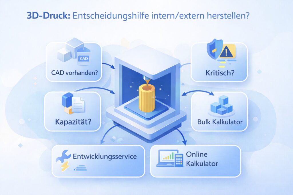Grafische Entscheidungshilfe zum 3D-Druck mit zentralem 3D-Drucker und Entscheidungsfeldern wie CAD vorhanden, Kapazität, Kritisch sowie den Pfaden Online-Kalkulator, Bulk-Kalkulator und Entwicklungsservice zur Auswahl zwischen interner und externer Fertigung