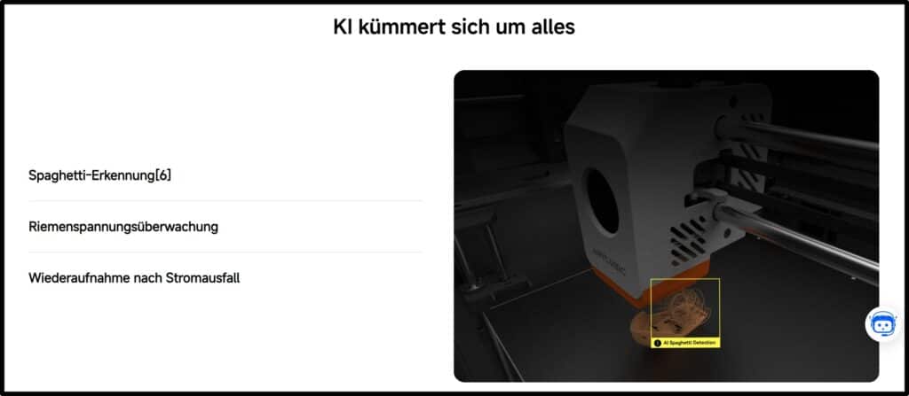 Herstellerscreenshot mit KI-Funktionen wie Spaghetti-Erkennung, Riemenspannung und Resume nach Stromausfall
