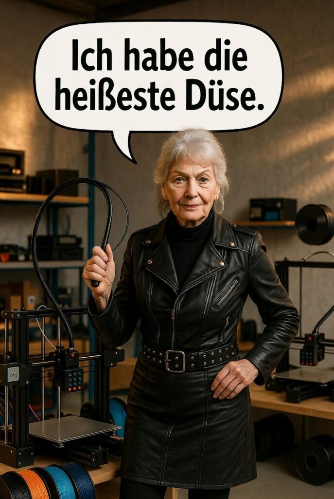 Satirische Illustration einer selbstbewussten Oma in schwarzer Lederkleidung in einer Werkstatt mit 3D-Druckern und Sprechblase "Ich habe die heißeste Düse." mit einer Peitsche in der Hand.
