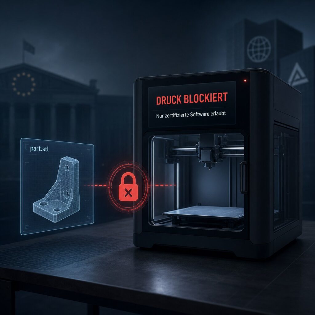 3D-Drucker mit blockiertem Druckauftrag: Eine STL-Datei wird durch zertifizierte Software gesperrt, Symbolbild für Print-Blocking-Gesetz, staatliches DRM, Open-Source-Firmware und digitale Kontrolle im 3D-Druck.