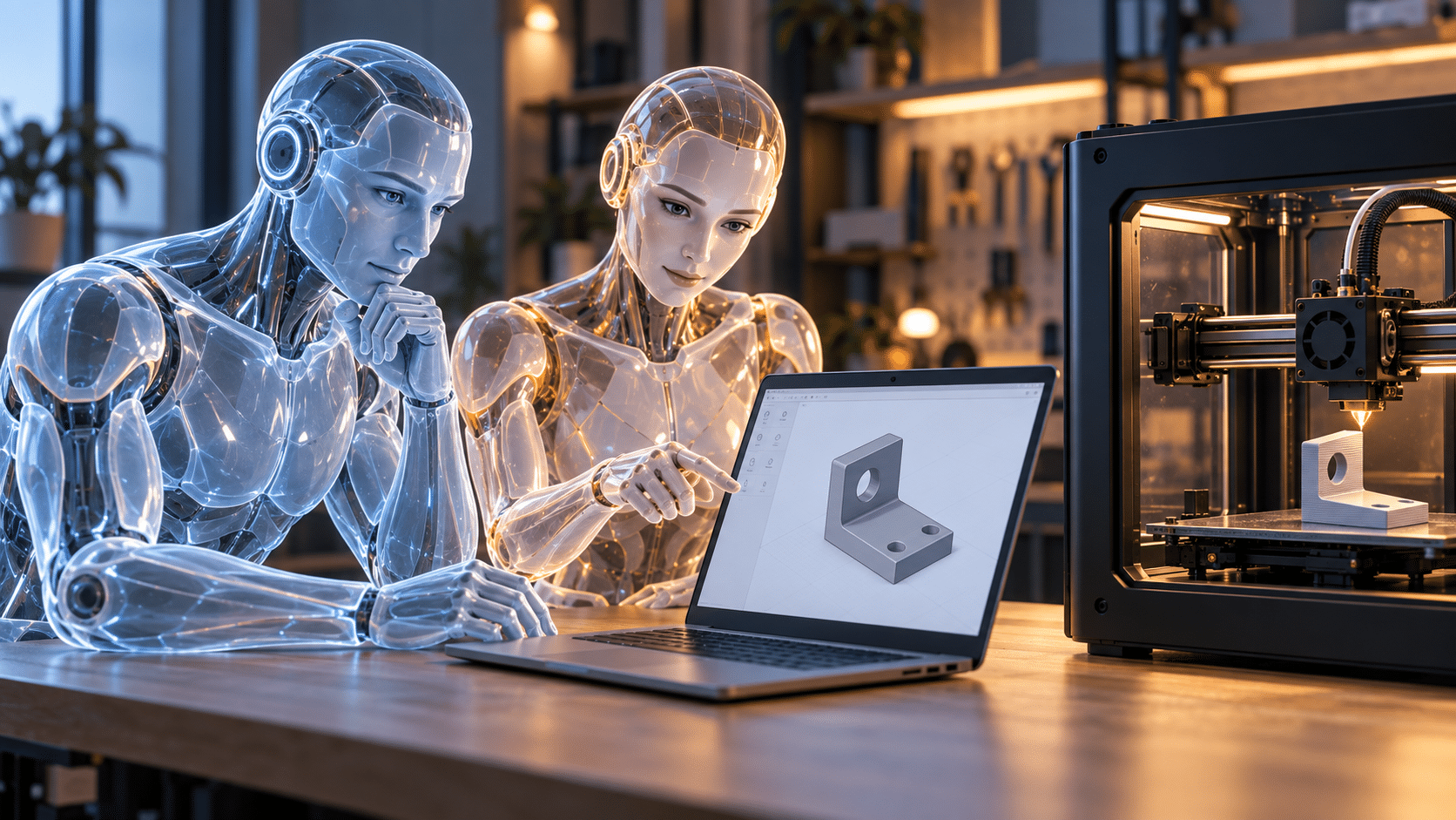 Zwei KI-Agenten betrachten ein 3D-Modell eines Halters am Laptop, während ein FDM-Drucker das Bauteil fertigt.